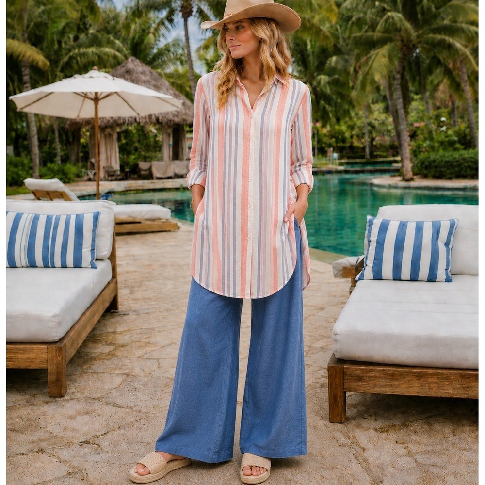 ARTISAN NY 100% Linen Striped Tunic Shirt Americana Red White Blue Sz XL